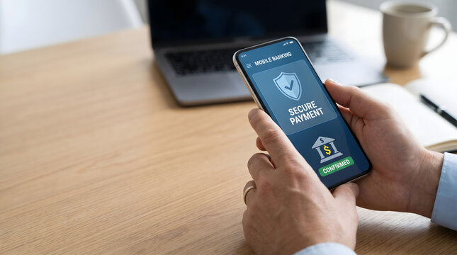 Secure mobile payment transaction confirmation on smartphone screen held by user, online banking concept