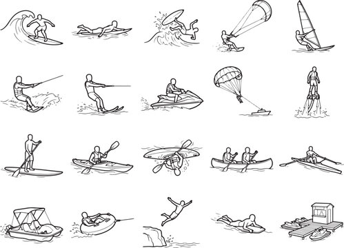 A collection of hand-drawn black and white illustrations depicts various water sports and activities, showcasing the thrill and diversity of aquatic adventures.