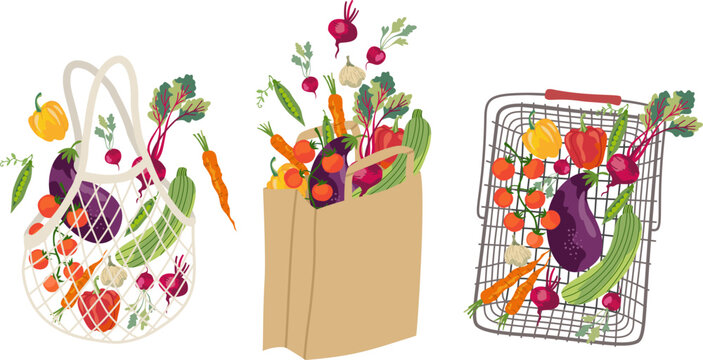 Fresh Organic Vegetables in Eco Shopping Bags and Basket Vector Set. Whimsical Grocery Clipart Collection with Mesh Tote, Kraft Paper Bag, and Wire Basket Isolated on Light Background for Eco Design.