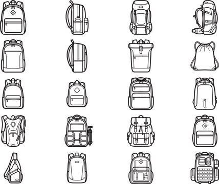 A collection of diverse backpack designs in a clean, graphic illustration style, showcasing various types from casual to hiking and travel.