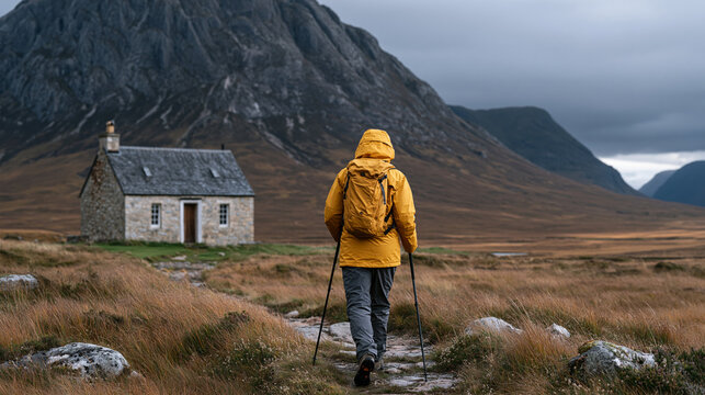 A highland trekker in full waterproofs crosses a remote Scottish glen, trekking poles planted firmly on boggy terrain, a weathered stone bothy visible in the distance against a