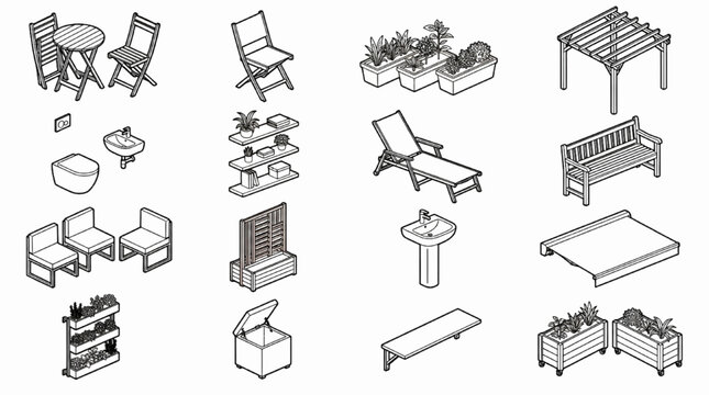 Balcony outdoor CAD block set folding chair planter pergola sunbed sink awning vector icons
