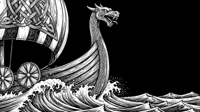 Viking ship with dragon head carving cutting waves.