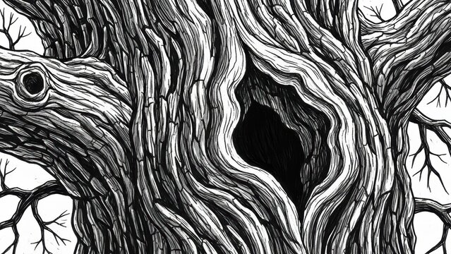 Gnarly thick tree bark pattern wrapping around hole.