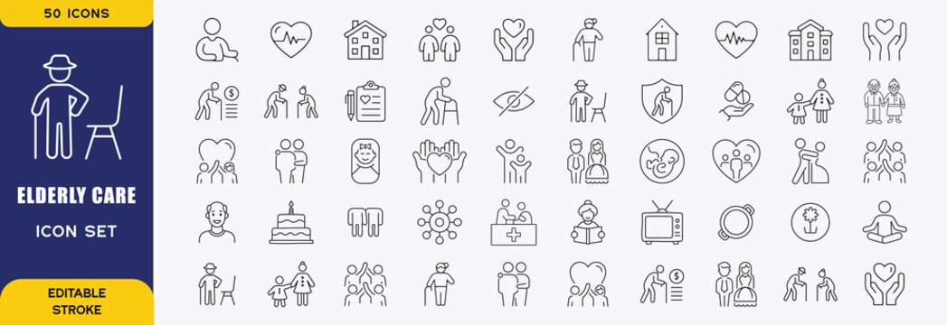 Elderly care  icons in line style editable stroke. Care, pension, senior, grandparents, wheelchair, doctor, alzheimer, caregiver, retirement, collection. Editable stroke. Vector illustration
