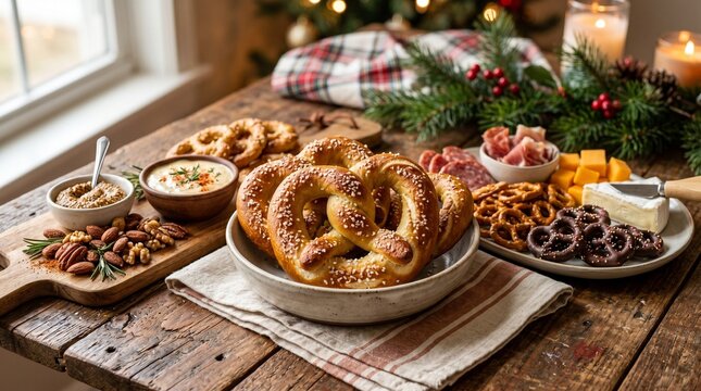 Thanksgiving holiday food table with pretzels and cheese
