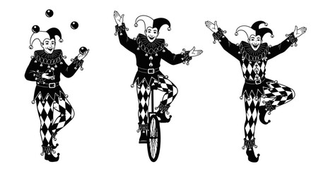 Skillful Jesters and Clowns Juggling and Balancing on a Unicycle, Isolated White Background. © ILHAM