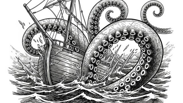 Kraken sea monster destroying ship in ocean storm.