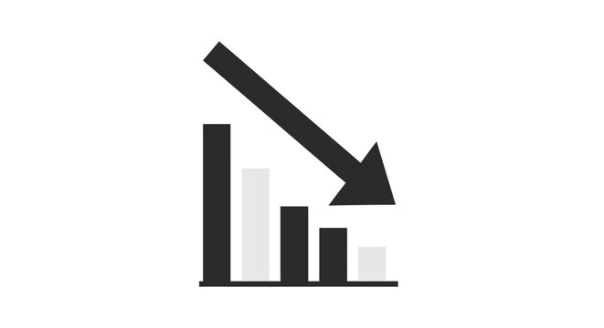 Minimalist Bar Graph with a Sharp Downward Arrow Signifying Business or Financial Decrease, Isolated White Background.