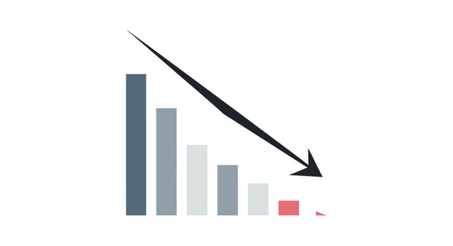 Bar Graph with a Prominent Downward Arrow Illustrating Financial Loss or Business Decline, Isolated White Background.