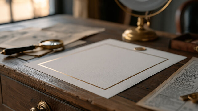 Cream linen letterhead page resting on a photographer's editing desk beside a loupe and contact sheet, the studio name area left blank for mockup, a ring flash stand visible in