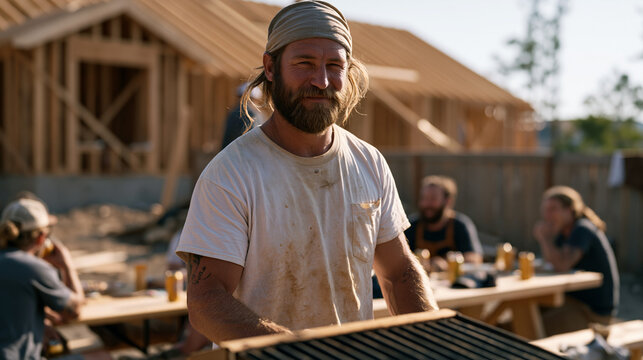 A construction crew celebrates Labor Day weekend at a backyard gathering, work boots off, cold drinks in hand, one worker manning a grill while colleagues laugh around a picnic