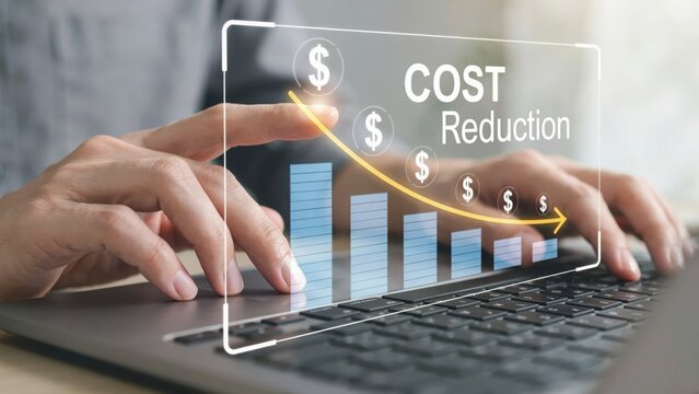 Person using laptop to analyze business cost reduction graph with dollar signs