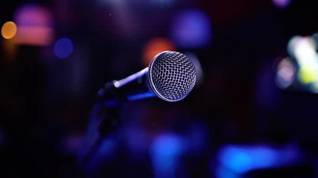 Stage microphone illuminated by spotlights in dark concert hall ready for performance.