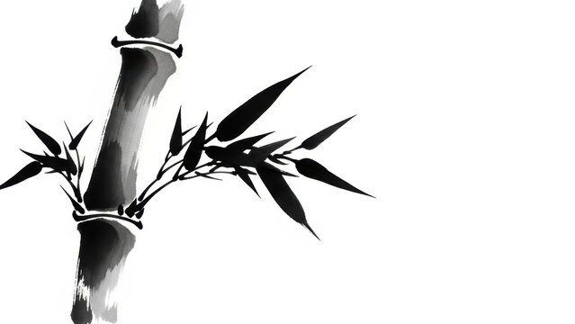 Sumi e black ink wash painting of bamboo stalks.