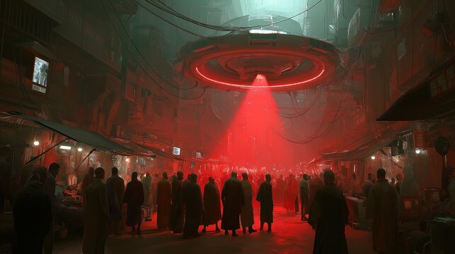 A large crowd gathers under a red spotlight in a dark, futuristic urban setting with hanging cables and towering buildings.
