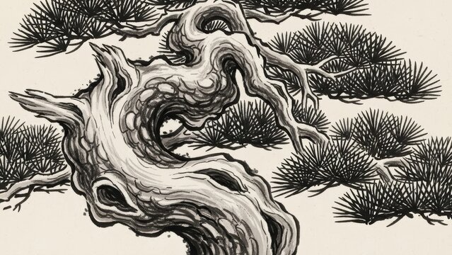 Gnarled thick trunk of ancient bonsai pine tree.