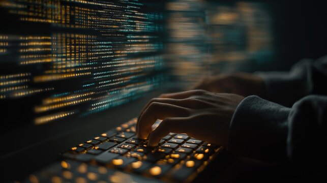 Hands typing on a keyboard with lines of code on a screen, symbolizing programming and cybersecurity in a dark, tech-focused environment.