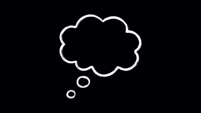 Hand-drawn white thought bubble animation loop with a scribble dream cloud texture. Empty dialogue box or mind balloon element isolated on transparent alpha channel background for video editing