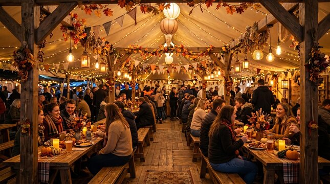 Festive thanks giving dinner celebration outdoor tent with friends and family