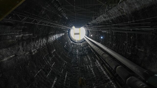 View of a deep vertical construction shaft with dark textured walls and industrial pipes leading up to a bright circular opening in Istanbul, Istanbul, Turkiye.