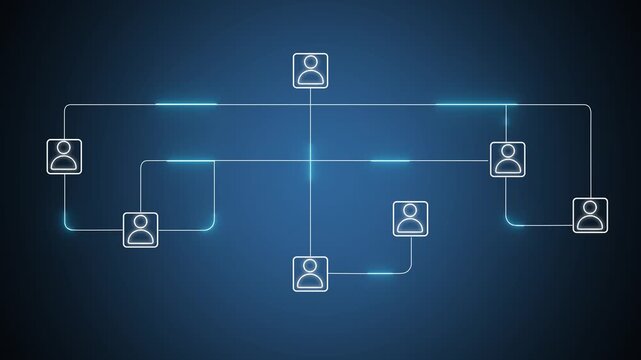 Digital organizational chart animation with glowing network connections and user business hierarchy corporate structure