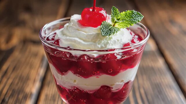 Red berry dessert with whipped cream and cherry topping