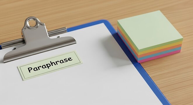 A clipboard with "Paraphrase" label and a stack of sticky notes on a wooden surface