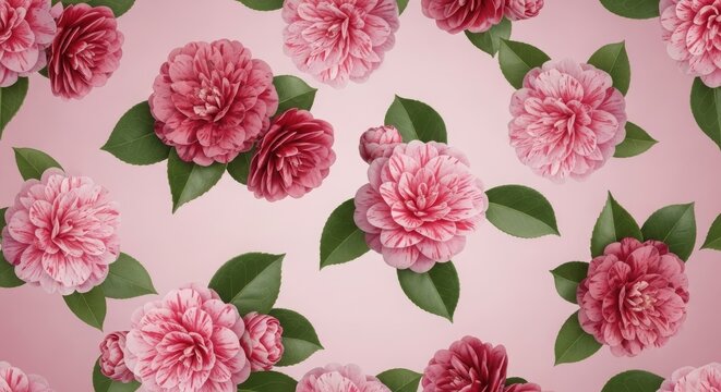 Seamless pattern with pink camellia flowers on a soft pink background