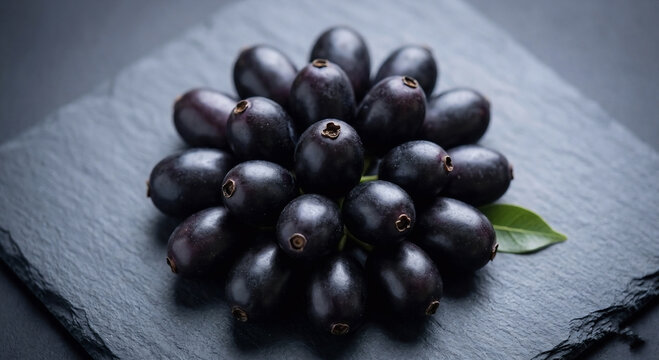 Top View of Healthy Summer Fruit Java Plum Cluster on Black Background