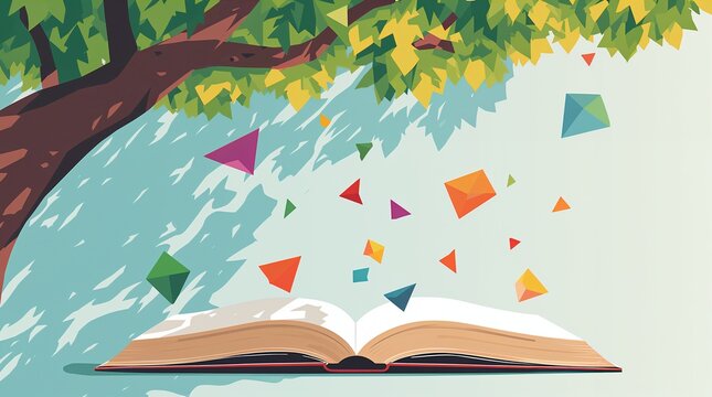 Open book with colorful geometric shapes flying out under summer tree reading education concept