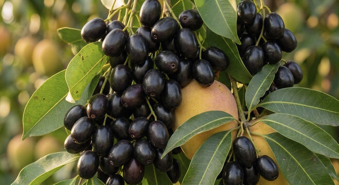 Tropical Orchard View with Java Plums and Mangoes Growing on Branches