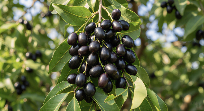 Bunch of Fresh Organic Jamun Fruits Hanging on a Tree Branch with Green Leaves