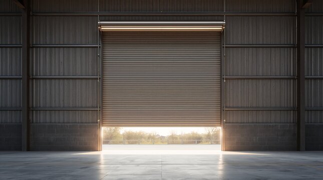 Industrial warehouse with rolling metal shutter door opening to bright morning light creating dramatic backlit atmosphere