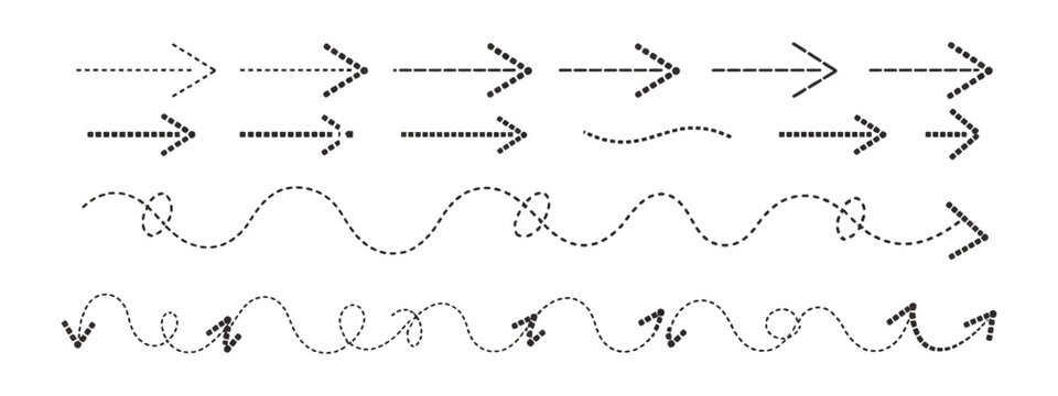 Curved dotted arrow set, double side navigation symbols, spiral dotted line arrows, zigzag stripe arrow design, vector illustration elements.