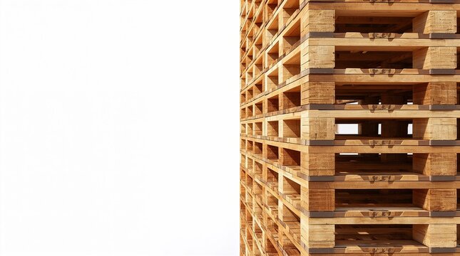 Stacked wooden pallets side view with copy space on white background logistics concept