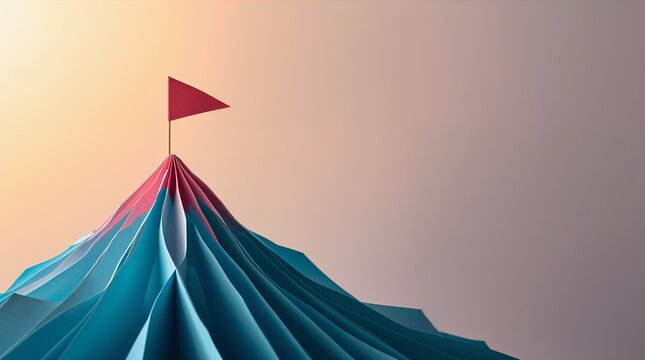 Paper mountain peak with red flag on top achievement concept gradient