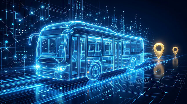 Holographic Smart Electric Bus Navigating Digital City Network with Map Pins