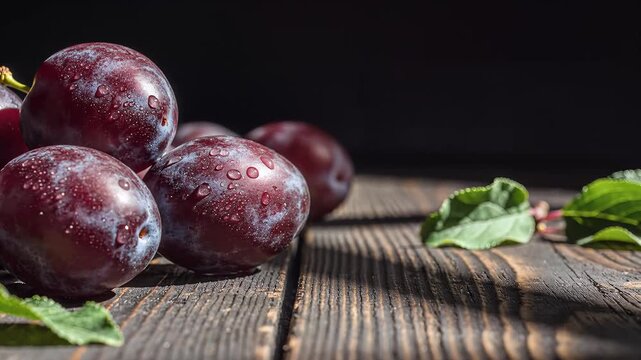 Ripe plum fruit clusters with green leaves on rustic wooden surface dramatic lighting