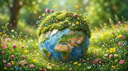 World photography day earth globe covered in vibrant wildflowers and greenery