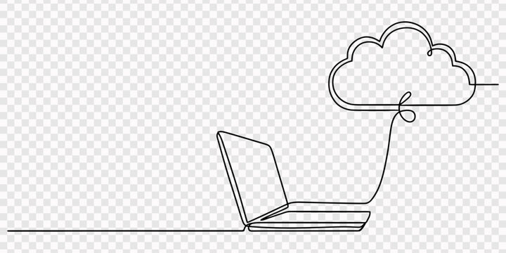 Minimalistic laptop with cloud symbol: technology and connectivity concept illustration. no editable stroke, Laptop computer with cloud icon, Digital technologies. Continuous One line drawing 