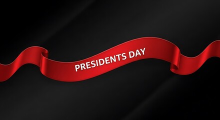 A curved, flowing red ribbon displays "PRESIDENTS DAY" on a dark, shadowed background