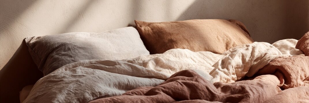 Cozy and inviting bed scene featuring soft, textured linens and earthy tones, perfect for showcasing comfort in modern interior design and relaxation aesthetics.