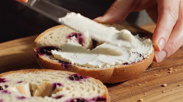 Spreading cream cheese on berry bagel close up food preparation with knife and breakfast snack