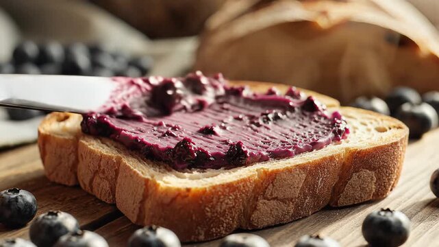 Spreading delicious berry jam onto toasted bread slice with fresh fruit around close up macro shot healthy breakfast food preparation