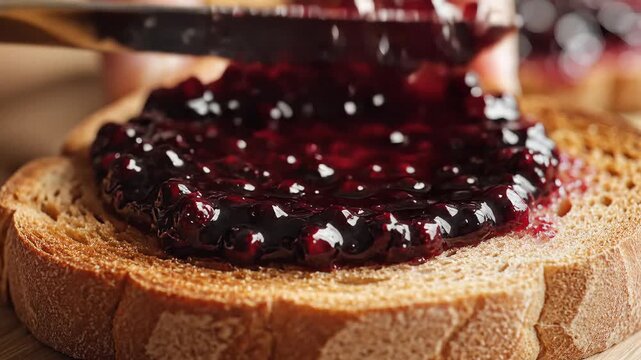 Spreading dark fruit preserve onto toasted bread slice close up preparation breakfast food concept