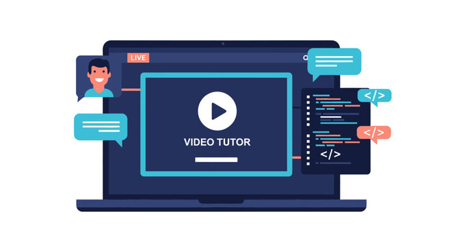 Online Coding Video Tutorial Concept Illustration with Laptop, Programming Code, and Live Tutor Interface