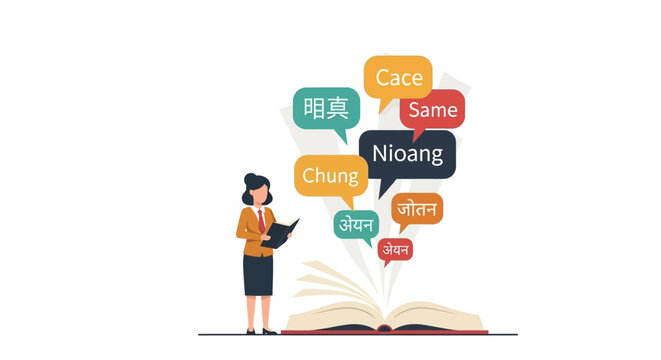 Multilingual Language Learning and Global Communication Concept Illustration with Woman Teacher and Speech Bubbles