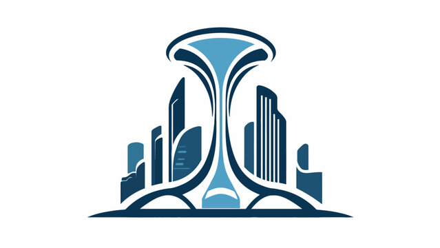 A stylized graphic illustration of a futuristic city skyline with a central tower