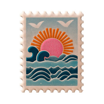 Retro postage stamp illustration with ocean waves and sunset isolated on white background